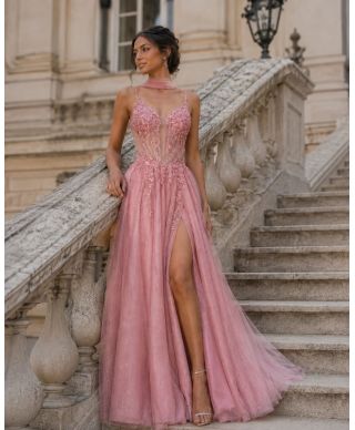 Abito da cerimonia in tulle con corpetto lavorato - Deosia