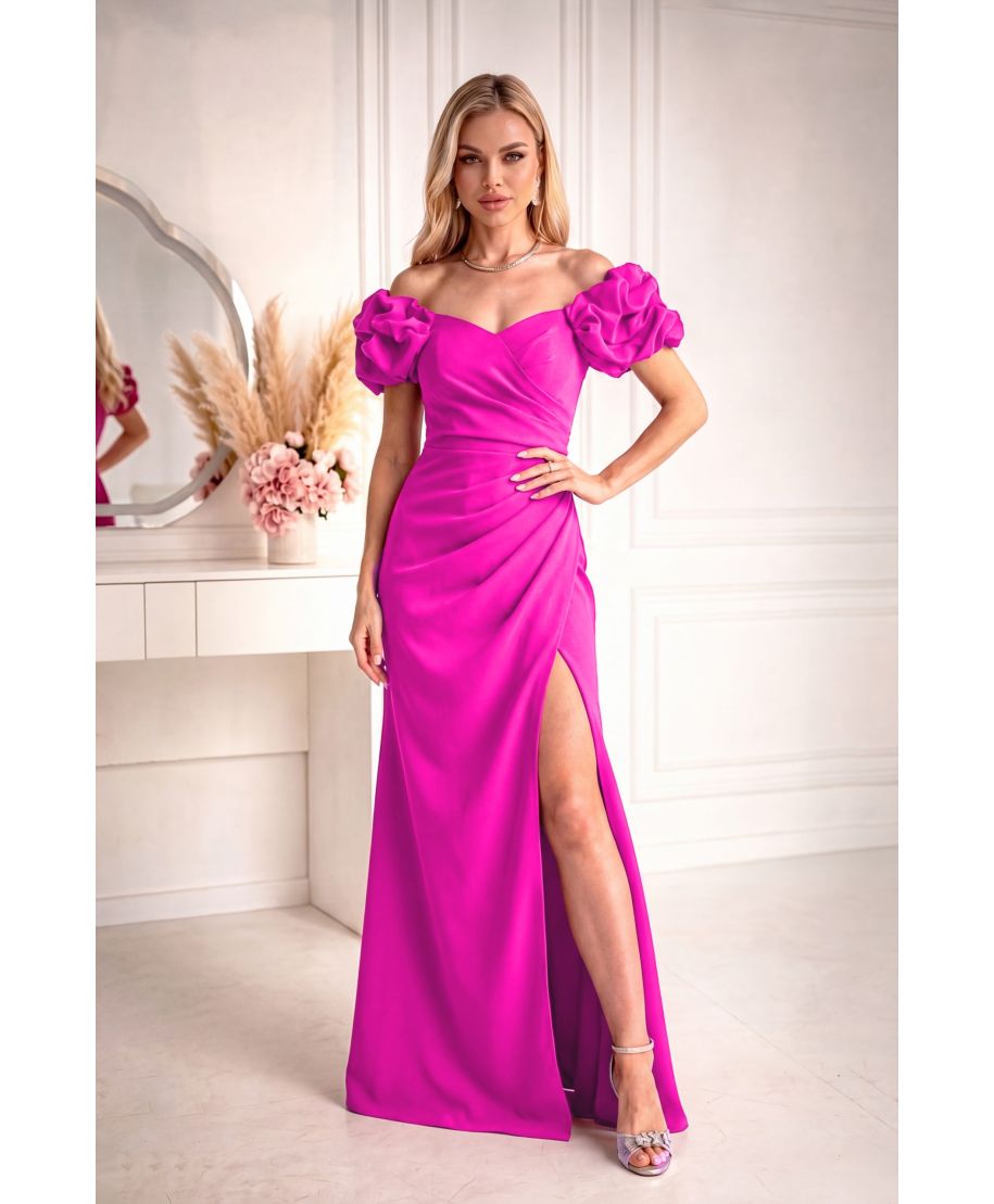 Vestito elegante fucsia lungo  con scollo a cuore, drappeggio e fiori 3D - DIONE - gogolfun.it