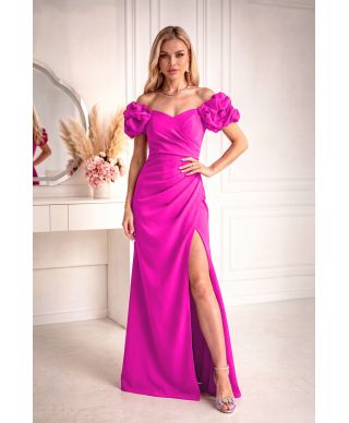 Vestito elegante fucsia lungo  con scollo a cuore, drappeggio e fiori 3D - DIONE - gogolfun.it