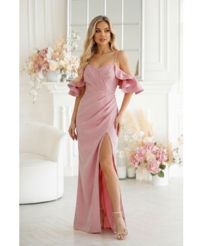 Abito lungo elegante - Rosa Cipria - Maniche a Volant e Spacco – Eleni BIS - Gogolfun.it