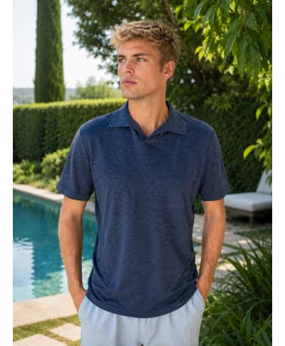 Polo in lino, Blu - Paul Miranda - Scollo bowling