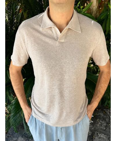 Polo beige in lino, Paul Miranda - Scollo bowling