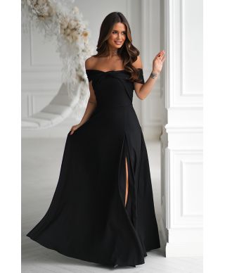 Abito lungo nero elegante con scollo alla spagnola e spacco laterale