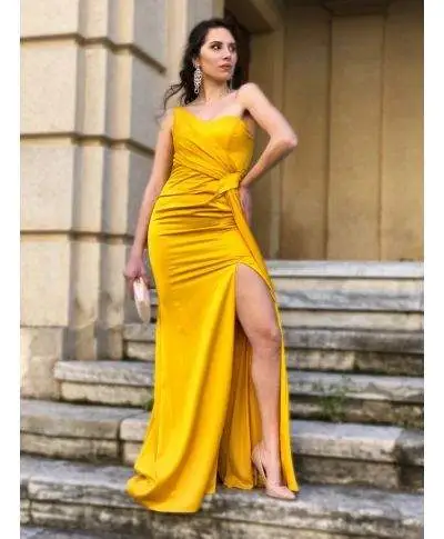 Vestito lungo con spacco - Monospalla - Giallo