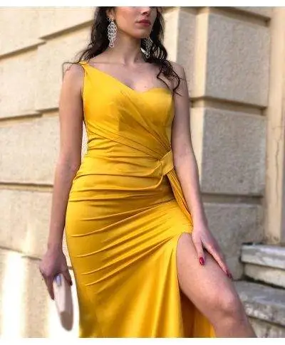 Vestito lungo con spacco - Monospalla - Giallo
