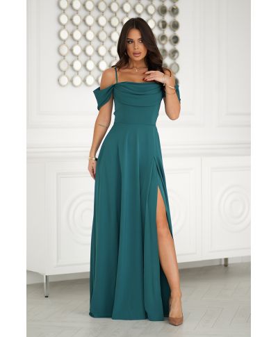 Abito elegante, lungo - Spacco sulla gamba - Spalline cadenti - Verde bottiglia