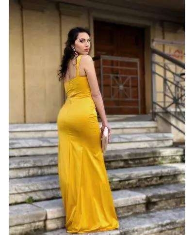 Vestito lungo con spacco - Monospalla - Giallo