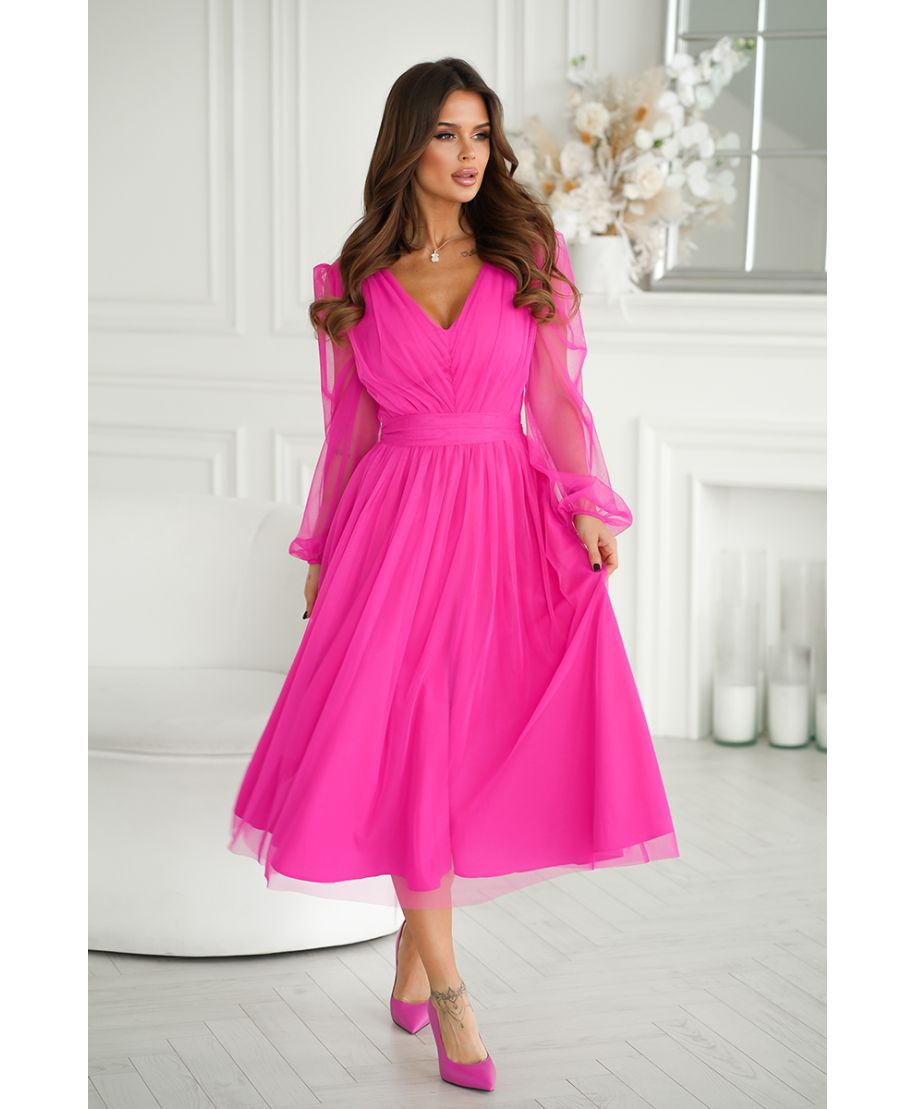 Abito donna - Con manichetta in tulle – Rosa fluo