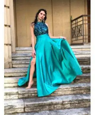 Vestito lungo elegante, verde - Con spacco