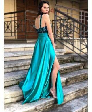 Vestito lungo elegante, verde - Con spacco