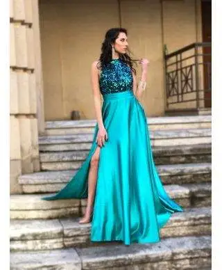 Vestito lungo elegante, verde - Con spacco