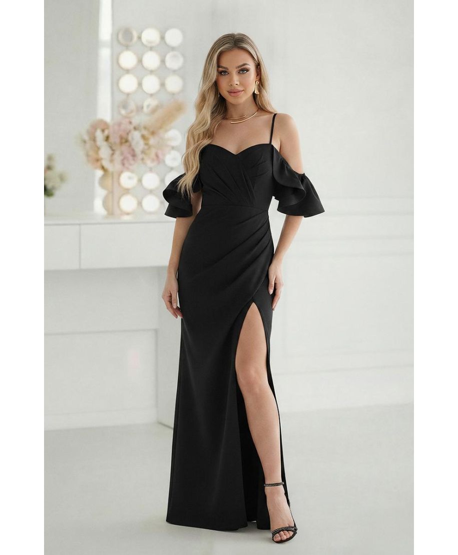 Abito elegante donna nero - Corpetto drappeggiato - Maniche a Volant e Spacco – Eleni Bis - Gogolfun.it