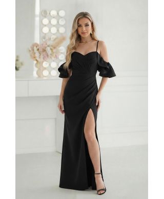 Abito elegante donna nero - Corpetto drappeggiato - Maniche a Volant e Spacco – Eleni Bis - Gogolfun.it