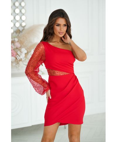 Vestito corto, rosso - Tubino mono spalla