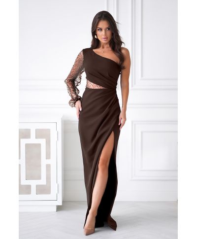 Vestito lungo monospalla, Cacao - Mimi