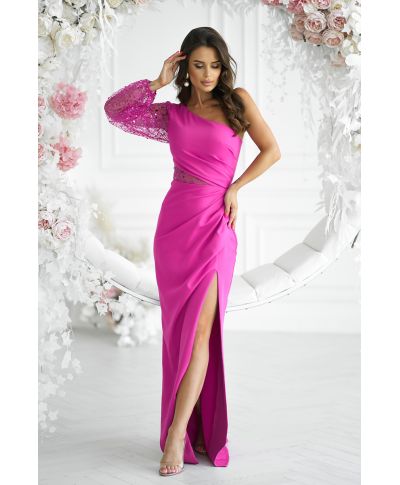 Vestito lungo elegante monospalla, fuxia - Mimi