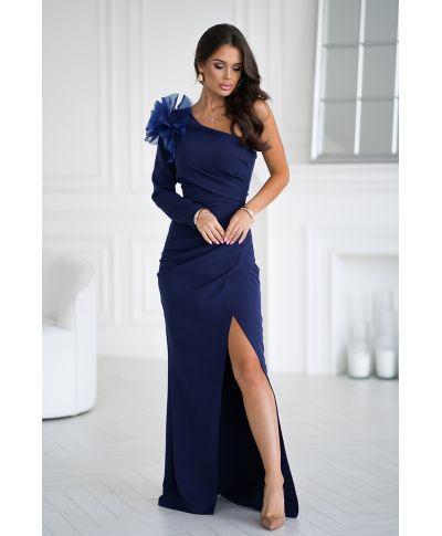 Abito da sera blu con dettaglio floreale – Aderente - Con spacco - Eleganza asimmetria