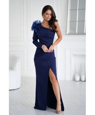 Abito da sera blu con dettaglio floreale – Aderente - Con spacco - Eleganza asimmetria