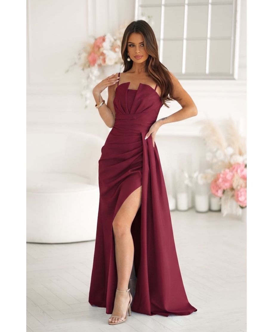 Abito da Cerimonia Donna - Bordeaux -  Spacco e Corpetto Drappeggiato - ORIANA - GOGOLFUN.IT