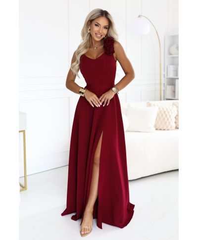 Vestito elegante bordeaux lungo con rose sulla spalla e spacco – NAYLA - GOGOLFUN.IT