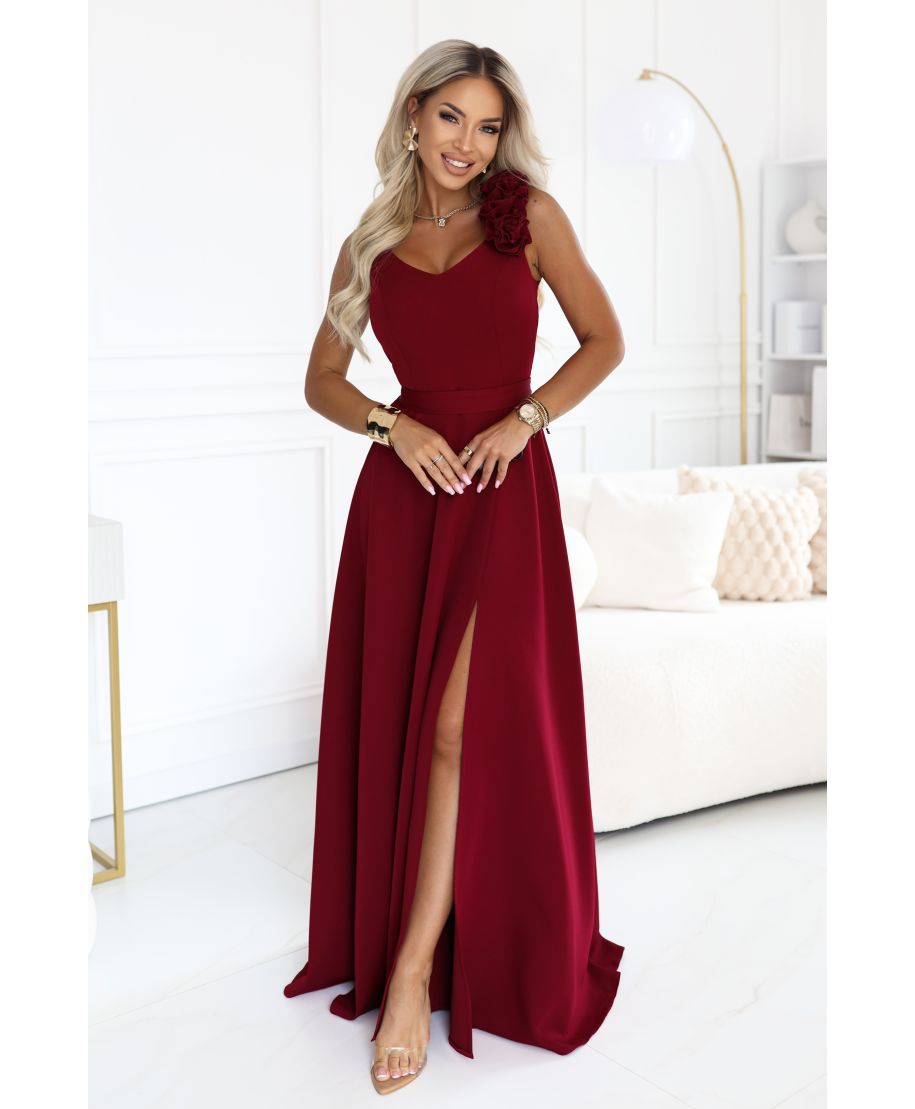 Vestito elegante bordeaux lungo con rose sulla spalla e spacco – NAYLA - GOGOLFUN.IT