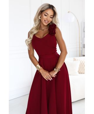  643-9 Elegancka wieczorowa suknia maxi z rozcięciem i różami - bordowa 