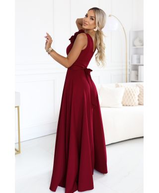  643-9 Elegancka wieczorowa suknia maxi z rozcięciem i różami - bordowa 