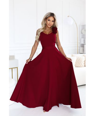Vestito elegante bordeaux lungo con rose sulla spalla e spacco – NAYLA - GOGOLFUN.IT