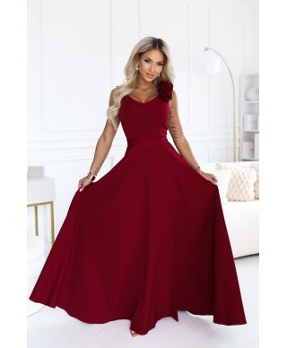  643-9 Elegancka wieczorowa suknia maxi z rozcięciem i różami - bordowa 