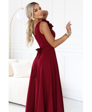  643-9 Elegancka wieczorowa suknia maxi z rozcięciem i różami - bordowa 