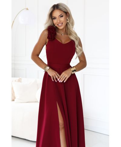 Vestito elegante bordeaux lungo con rose sulla spalla e spacco – NAYLA - GOGOLFUN.IT