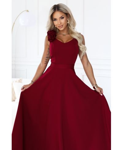 Vestito elegante bordeaux lungo con rose sulla spalla e spacco – NAYLA - GOGOLFUN.IT