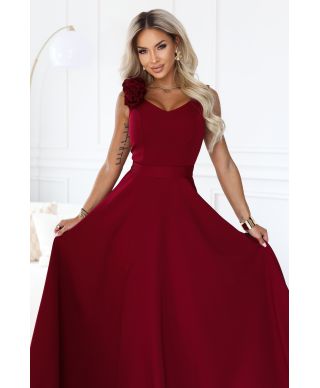  643-9 Elegancka wieczorowa suknia maxi z rozcięciem i różami - bordowa 