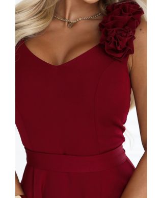  643-9 Elegancka wieczorowa suknia maxi z rozcięciem i różami - bordowa 