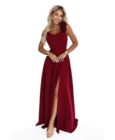 Vestito elegante bordeaux lungo con rose sulla spalla e spacco – NAYLA - GOGOLFUN.IT