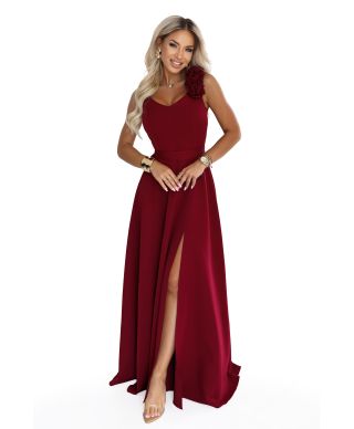  643-9 Elegancka wieczorowa suknia maxi z rozcięciem i różami - bordowa 