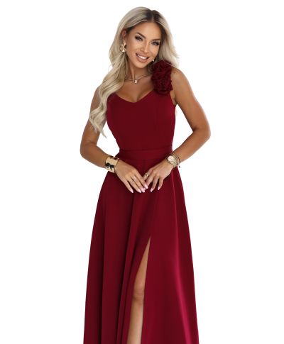 Vestito elegante bordeaux lungo con rose sulla spalla e spacco – NAYLA - GOGOLFUN.IT