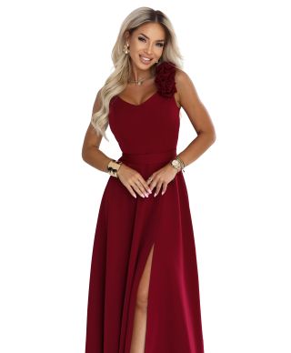  643-9 Elegancka wieczorowa suknia maxi z rozcięciem i różami - bordowa 