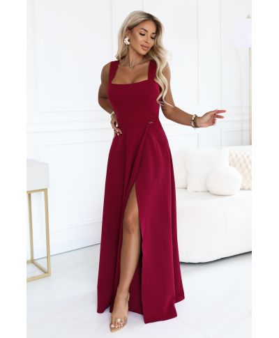 Vestito lungo bordeaux elegante con spacco – Abito da cerimonia - AURELIA - GOGOLFUN.IT