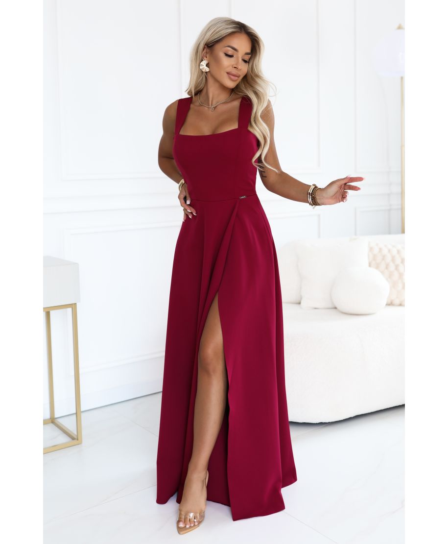 Vestito lungo bordeaux elegante con spacco – Abito da cerimonia - AURELIA - GOGOLFUN.IT