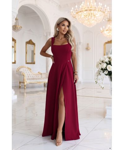 Vestito lungo bordeaux elegante con spacco – Abito da cerimonia - AURELIA - GOGOLFUN.IT