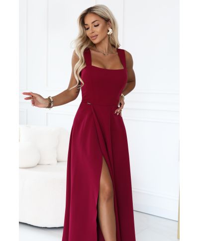 Vestito lungo bordeaux elegante con spacco – Abito da cerimonia - AURELIA - GOGOLFUN.IT