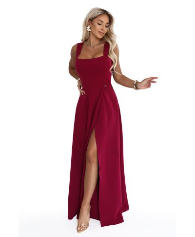 Vestito lungo bordeaux elegante con spacco – Abito da cerimonia - AURELIA - GOGOLFUN.IT
