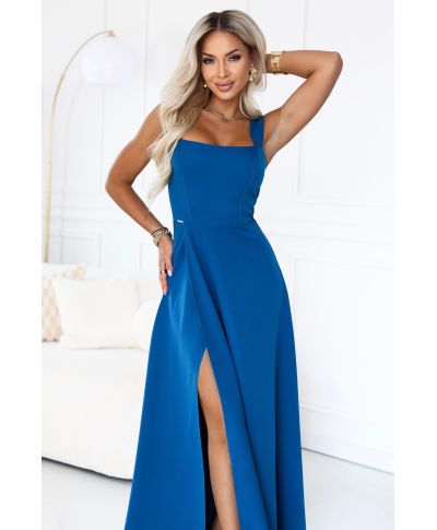 Vestito elegante da cerimonia - Blu Indaco - Lungo con Spacco – AURELIA - gogolfun.it