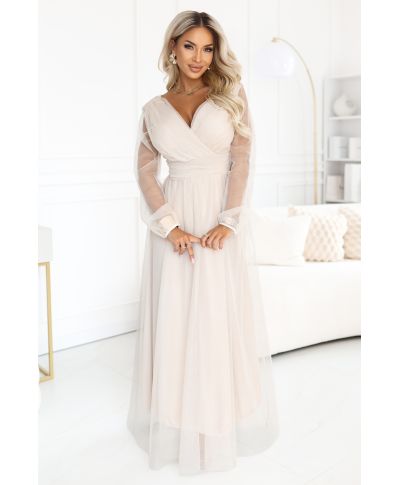 Abito Lungo Beige in Tulle con Scollo a Portafoglio e Maniche Trasparenti – LANTHE - GOGOLFUN.IT