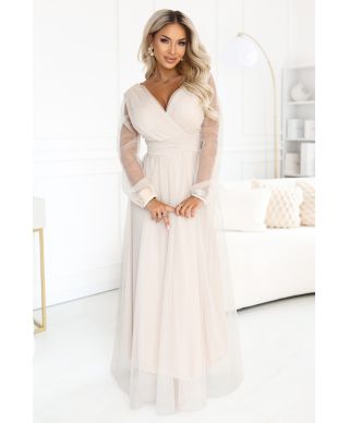 Abito Lungo Beige in Tulle con Scollo a Portafoglio e Maniche Trasparenti – LANTHE - GOGOLFUN.IT