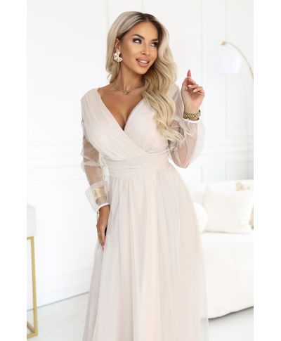 Abito Lungo Beige in Tulle con Scollo a Portafoglio e Maniche Trasparenti – LANTHE - GOGOLFUN.IT