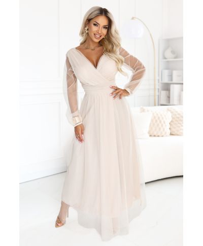 Abito Lungo Beige in Tulle con Scollo a Portafoglio e Maniche Trasparenti – LANTHE - GOGOLFUN.IT