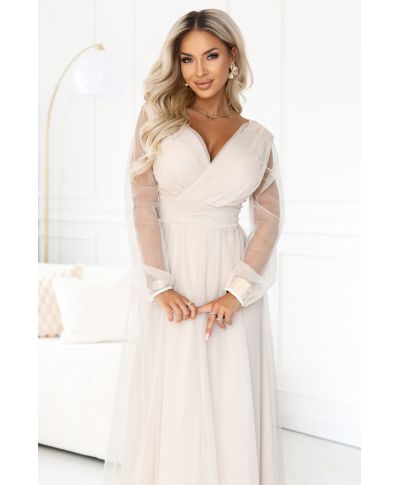 Abito Lungo Beige in Tulle con Scollo a Portafoglio e Maniche Trasparenti – LANTHE - GOGOLFUN.IT