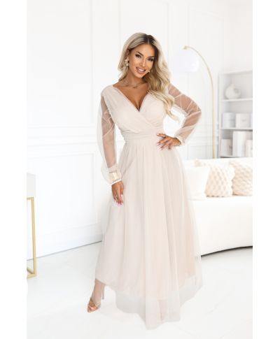 Abito Lungo Beige in Tulle con Scollo a Portafoglio e Maniche Trasparenti – LANTHE - GOGOLFUN.IT